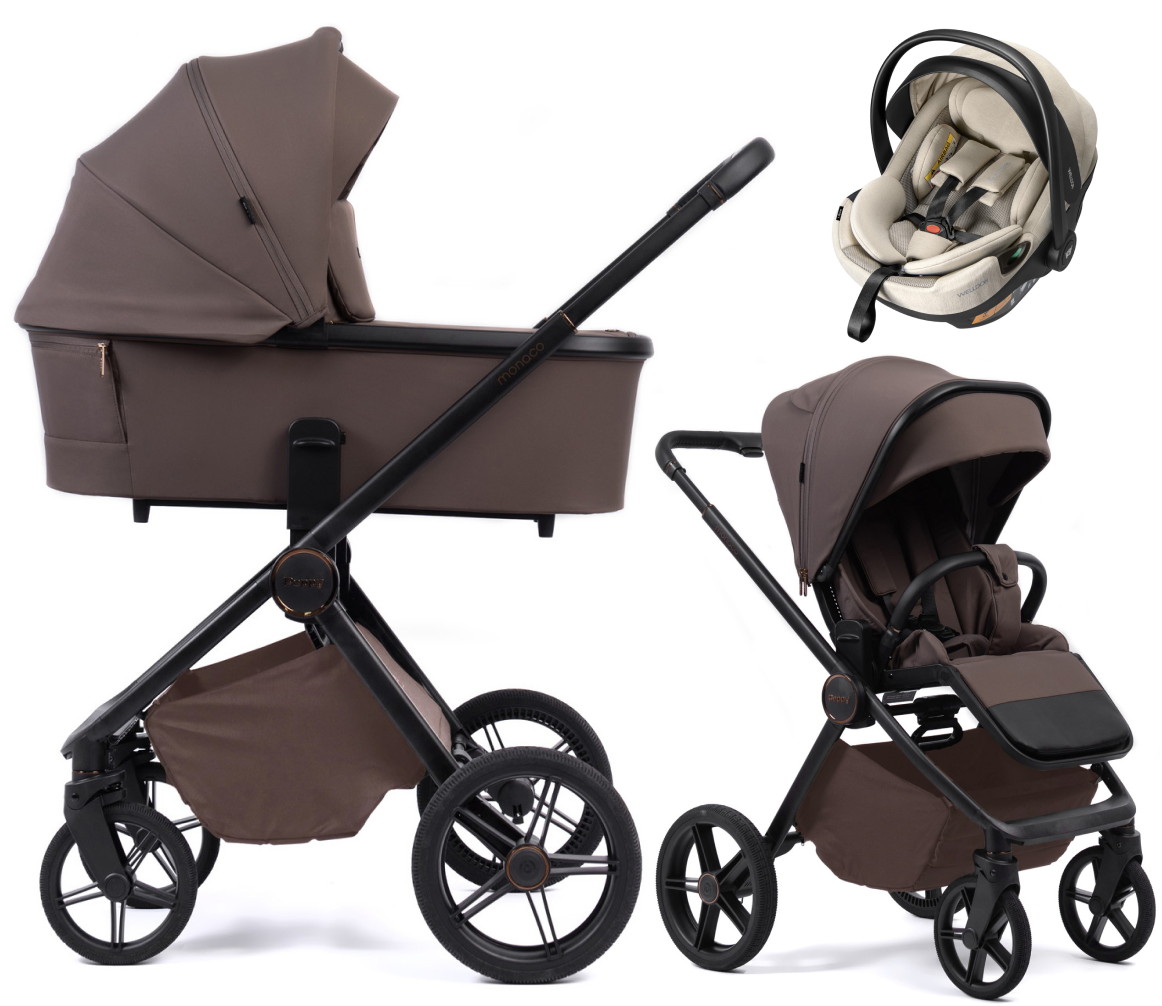 Детская коляска Peppy Monaco Plus 3 в 1 с автокреслом Welldon Crown 2 Brownie (коричневый), рама черная