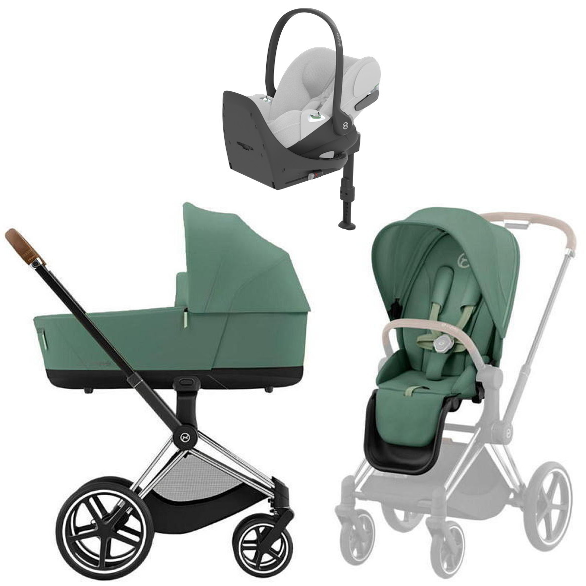 Коляска Cybex Priam IV Chrome Brown complete Cloud T Platinum White Plus Base T 4 в 1 Leaf Green
