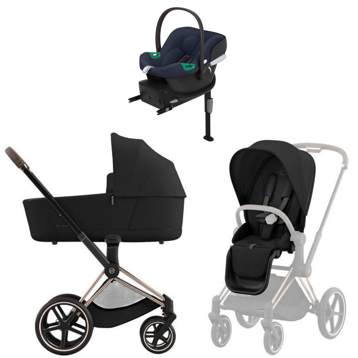 Коляска Cybex Priam IV Rosegold complete Aton B2 Bay Blue Base One 4 в 1 Sepia Black