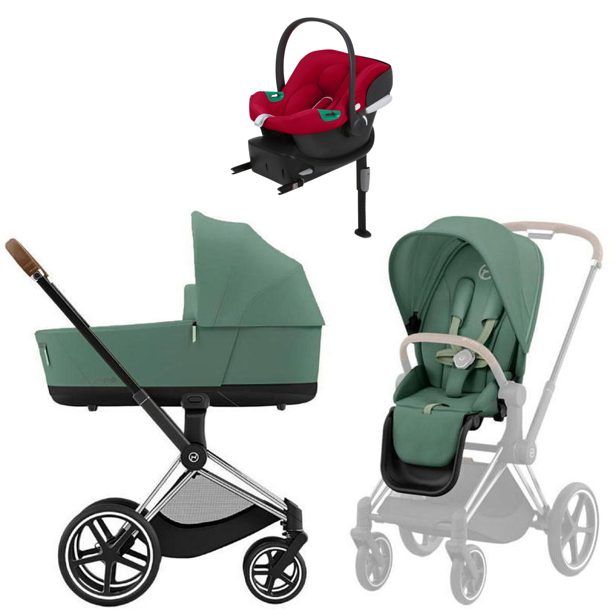 Коляска Cybex Priam IV Chrome Brown complete Aton B2 Dynamic Red Base One 4 в 1 Leaf Green