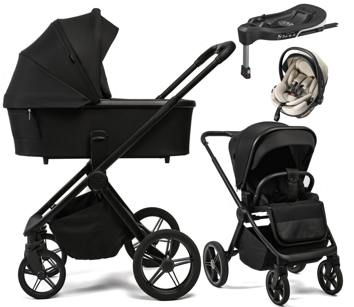 Детская коляска Peppy Monaco Plus 4 в 1 с автокреслом Welldon Crown 2 и базой Black (черный), рама черная
