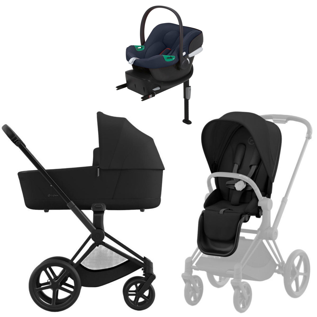 Коляска Cybex Priam IV Matt Black complete Aton B2 Bay Blue Base One 4 в 1 Sepia Black