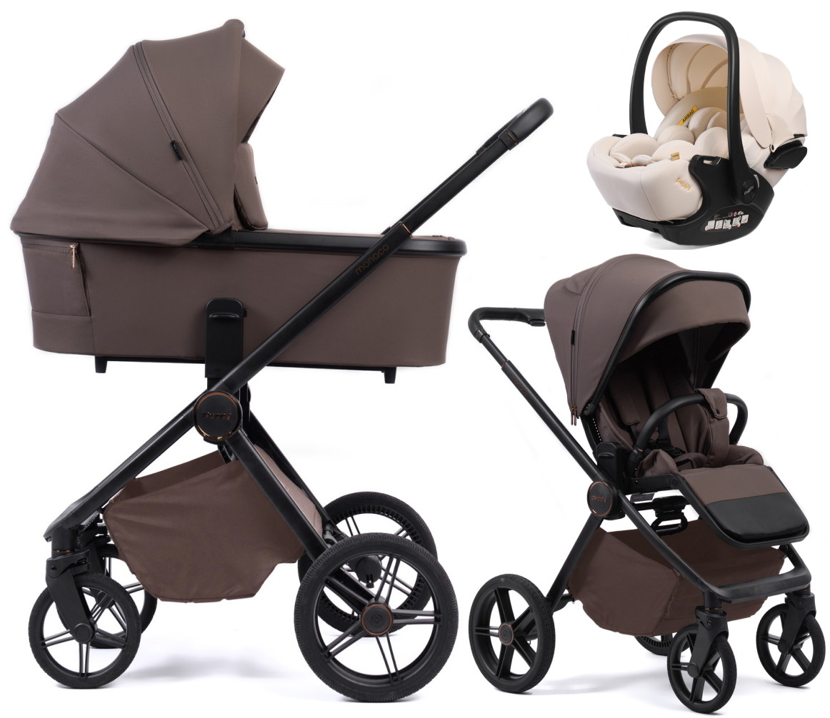 Детская коляска Peppy Monaco Plus 3 в 1 с автокреслом Verona Beige Brownie (коричневый), рама черная