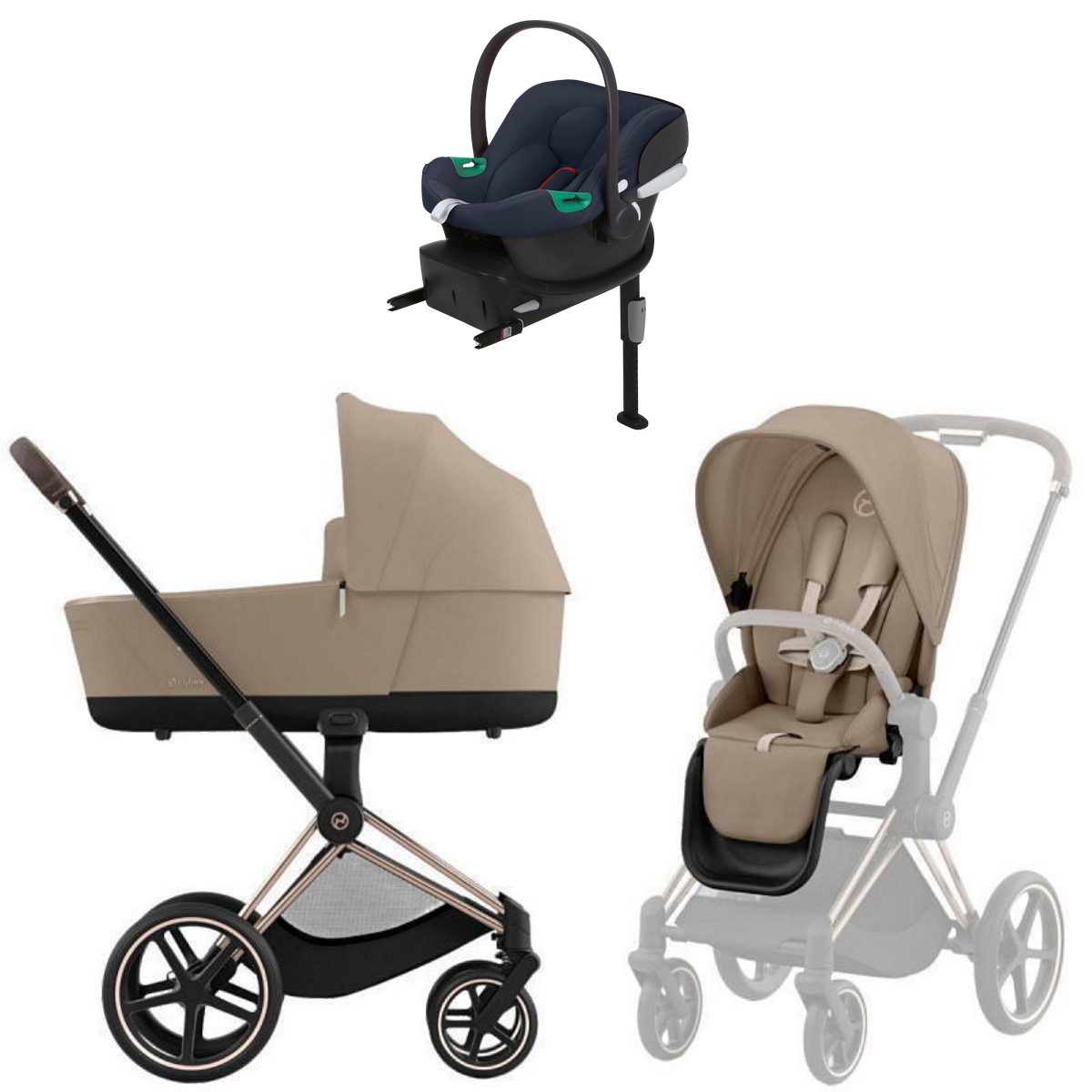 Коляска Cybex Priam IV Rosegold complete Aton B2 Bay Blue Base One 4 в 1 Cozy Beige