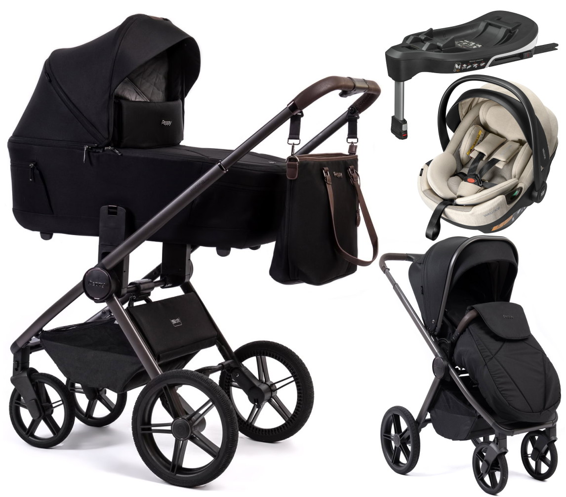 Детская коляска Peppy Monaco Thermo 4 в 1 с автокреслом Welldon Crown 2 и базой Black (черный), рама серо-коричневая