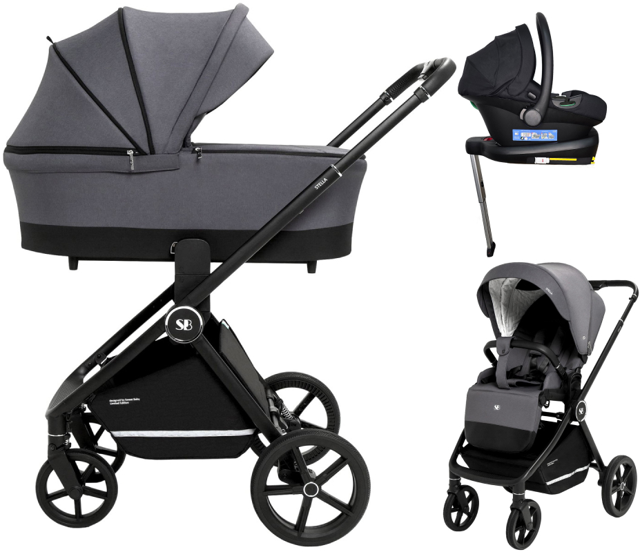 Коляска 4 в 1 Sweet Baby Stella + автокресло Elegante Plus с базой i-Size ISOFIX DK780 Dark Grey