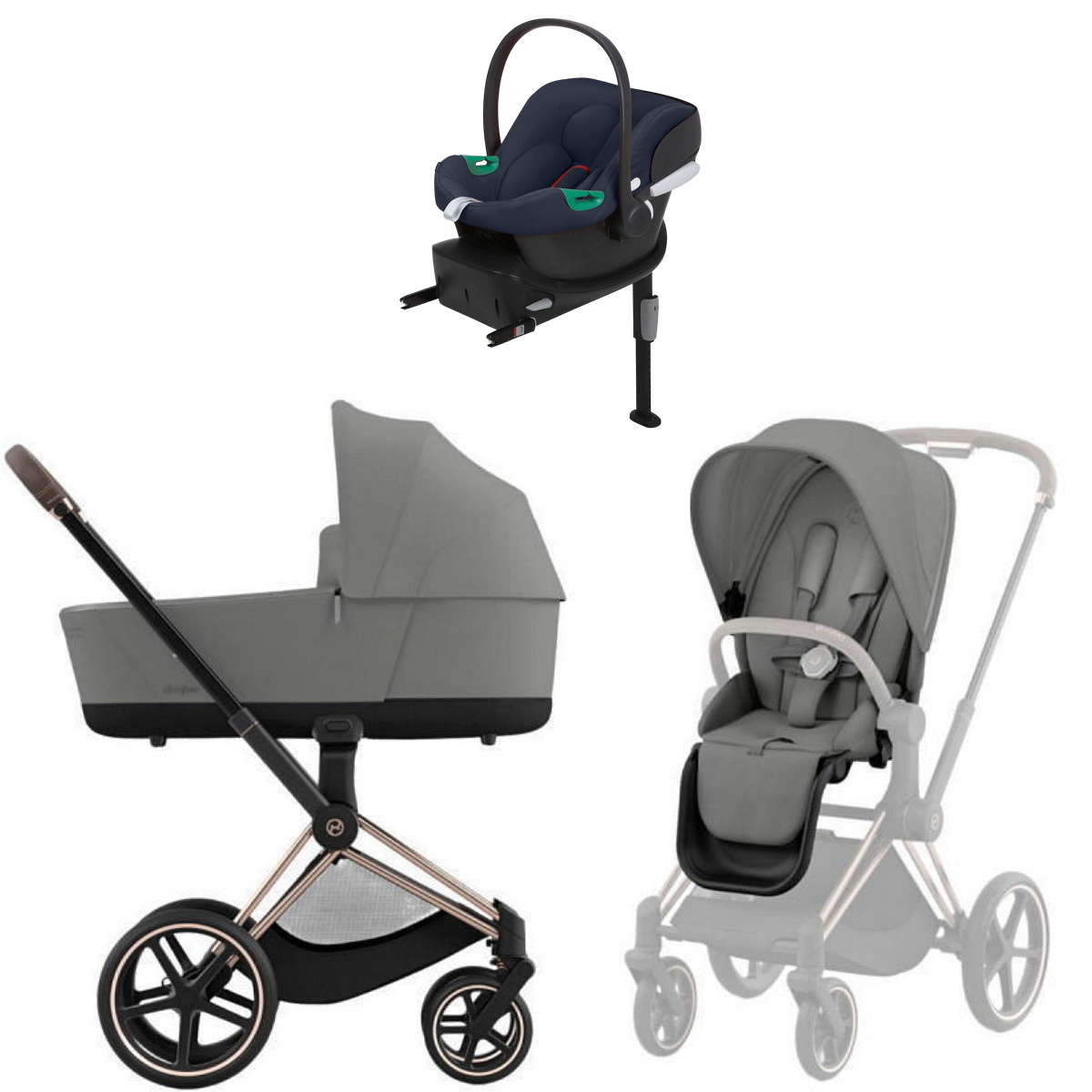 Коляска Cybex Priam IV Rosegold complete Aton B2 Bay Blue Base One 4 в 1 Mirage Grey