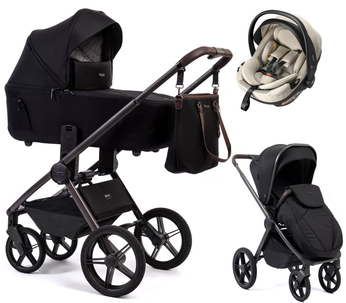 Детская коляска Peppy Monaco Thermo 3 в 1 с автокреслом Welldon Crown 2 Black (черный), рама серо-коричневая