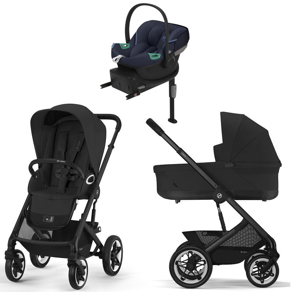 Коляска Cybex Talos S Lux BLK complete Aton S2 Ocean Blue Base One 4 в 1 Moon Black с дождевиками