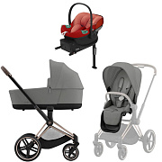 Коляска Cybex Priam IV Rosegold complete Aton S2 Hibiscus Red Base One 4 в 1 Mirage Grey