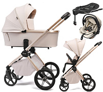 Детская коляска Peppy Monaco Plus 4 в 1 с автокреслом Welldon Crown 2 и базой Beige (бежевый), рама беж, шлифованный алюминий