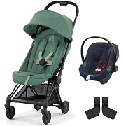 Коляска Cybex Coya Matt Black Frame Aton B2 i-Size Bay Blue Leaf Green с дождевиком