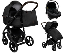 Детская коляска Roan Esso Кожа 3 в 1 с автокреслом Tutis Elo Lux EduSky Black ESSK/210/1 Black /Black/руч.Тем.коричневый