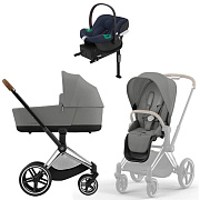 Коляска Cybex Priam IV Chrome Brown complete Aton B2 Bay Blue Base One 4 в 1 Mirage Grey