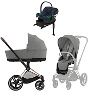 Коляска Cybex Priam IV Rosegold complete Aton B2 Bay Blue Base One 4 в 1 Mirage Grey